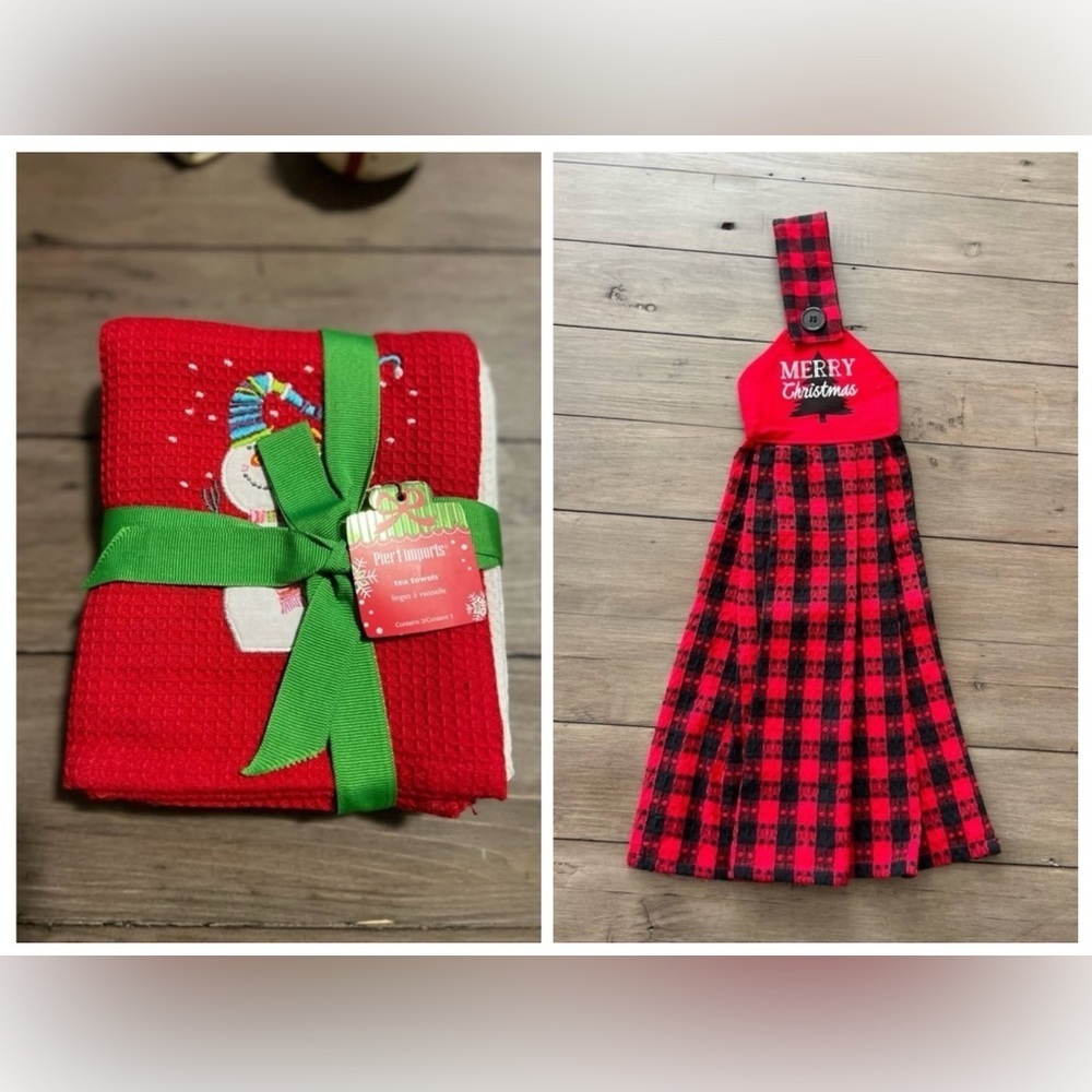 Pier 1 Christmas Tea Towel Set and Hanging Tea Towel NWT